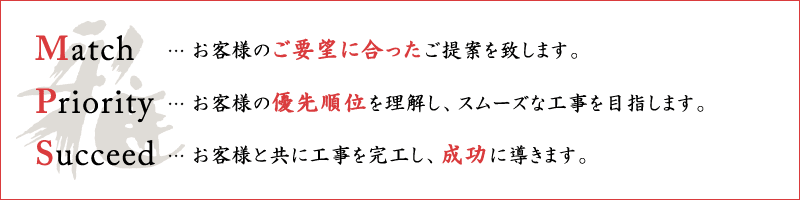 Match…お客様のご要望に合ったご提案を致します。 Priority…お客様の優先順位を理解し、スムーズな工事を目指します。 Succeed…お客様と共に工事を完工し、成功に導きます。